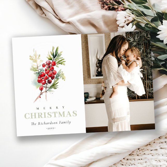 Red Berry Fir Winter Christmas Watercolor Photo Holiday Card (Creator Uploaded)