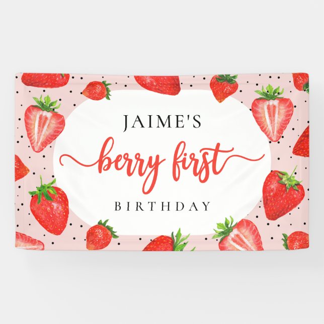 Red Berry First Birthday Strawberry Girl Birthday Banner (Horizontal)