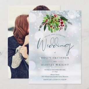 Red Berry Floral Photo Winter Wedding Invitation