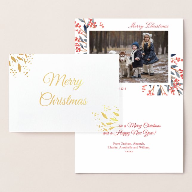Red Berry Foliage Christmas Holiday Photo Foil Card (Display)