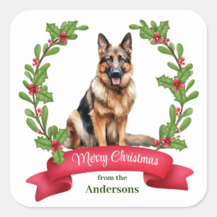 Red Berry Holly Banner German Shepherd Christmas Square Sticker