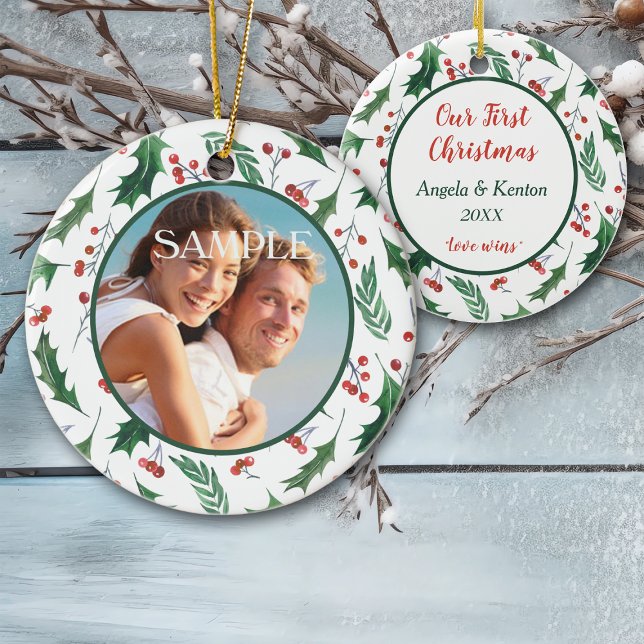 Red Berry Holly Photo Template Our First Christmas Ceramic Tree Decoration (Creator Uploaded)