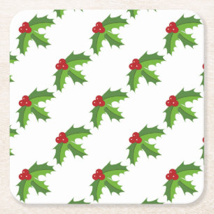 Red Berry Holly Square Paper Coaster