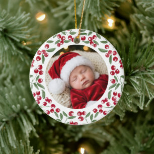 Red Berry Sprig Frame First Christmas Photo Ceramic Tree Decoration