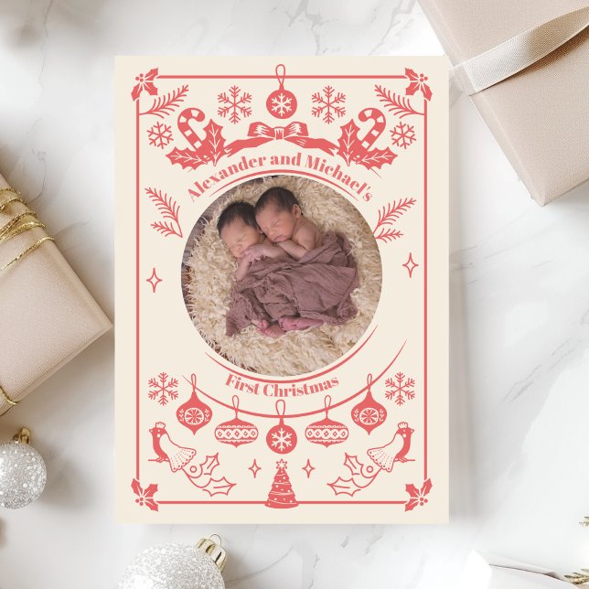 Red Berry Twins Baby First Christmas Holiday Card (Creator Uploaded)