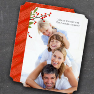 Red Berry Winter Green with Family Christmas Photo Invitation