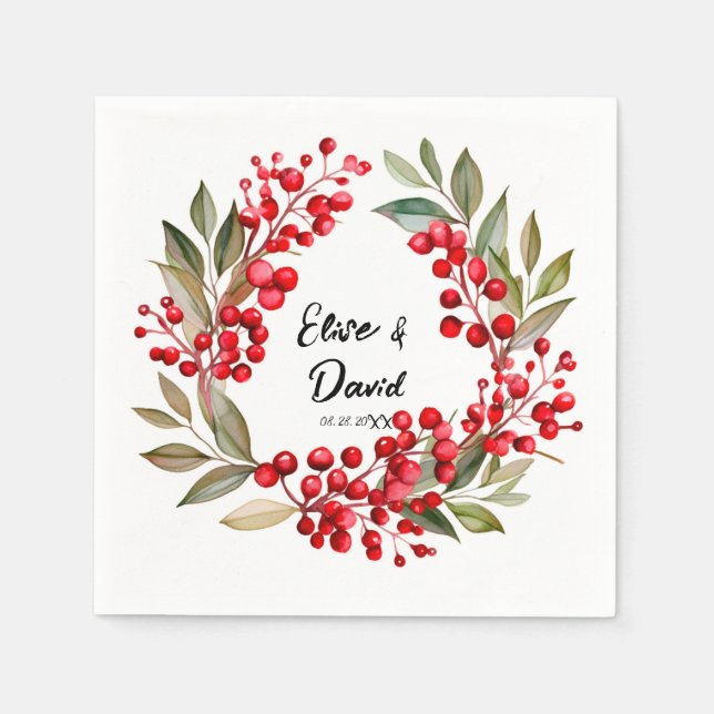 Red Berry Wreath Christmas Wedding Napkin (Front)