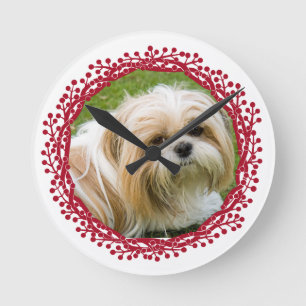 Red berry wreath custom photo frame design round clock