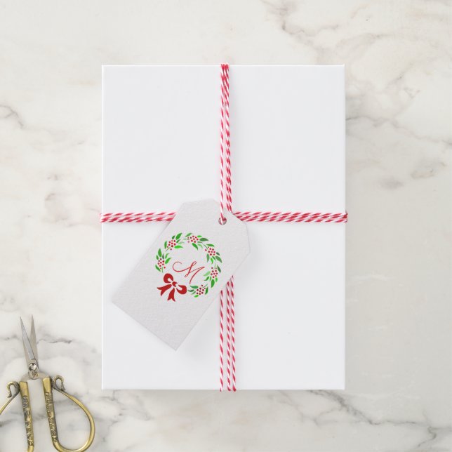 Red Berry Wreath Monogram Gift Tags (With Twine)