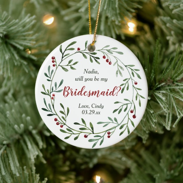 Red Berry Wreath Personalised Bridesmaid Proposal Ceramic Tree Decoration (Tree)