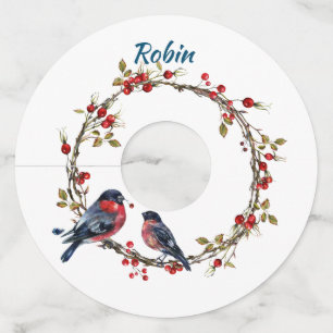 Red Berry Wreath with Robins, Editable Name Wine Glass Tag