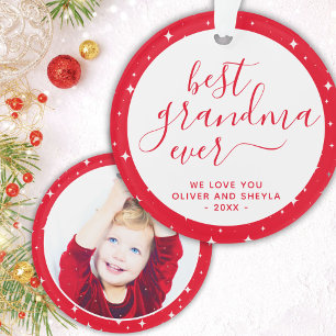 Red Best Grandma Ever Script Stars Photo on Back Ornament
