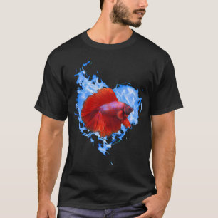 Red Betta Fish In Blue Flame Heart T-Shirt