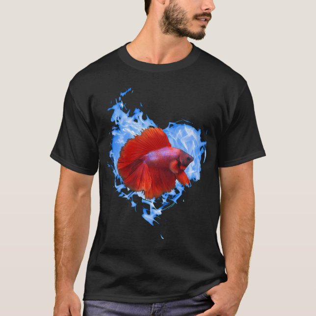 Red Betta Fish In Blue Flame Heart T-Shirt (Front)