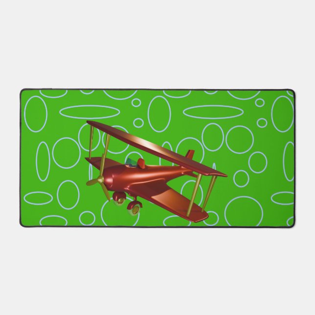 Red Bi-plane on Green Circles and Loops Desk Mat (Front)