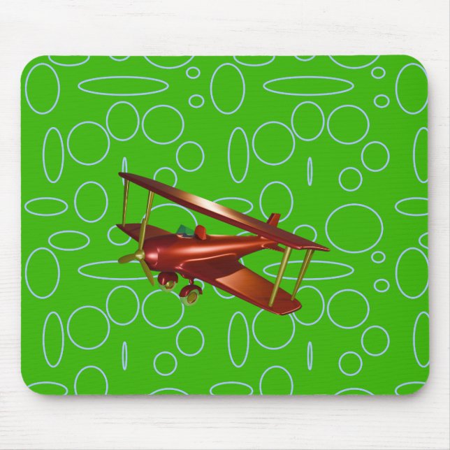 Red Bi-plane on Green Circles and Loops Mouse Pad (Front)