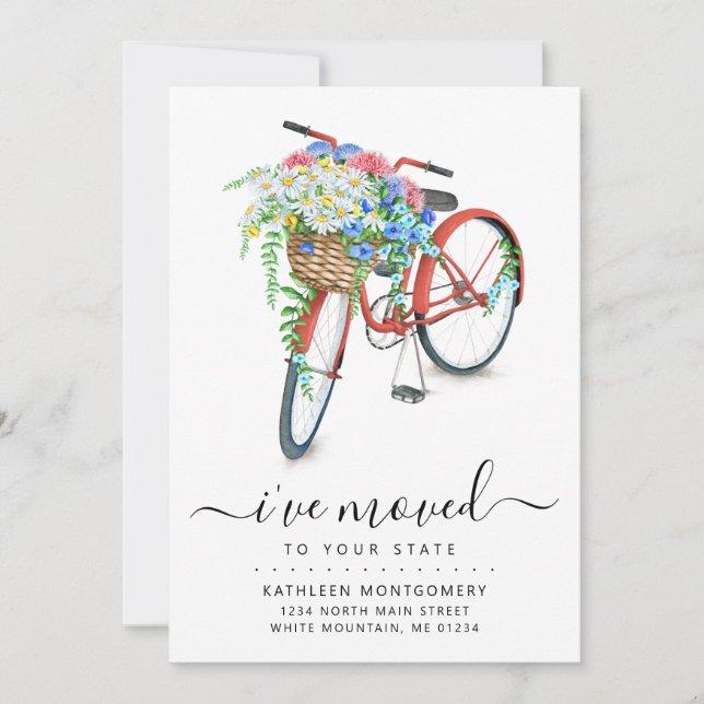 Red Bicycle Floral Basket Moving Announcement (Front)