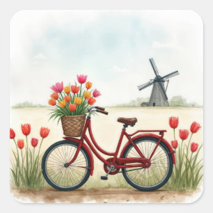 Red Bicycle With Dutch Tulips Square Sticker