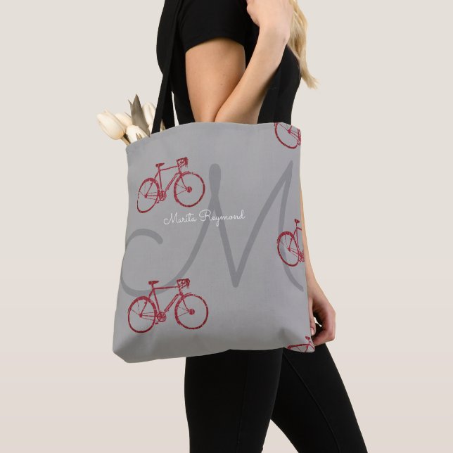 Red Bicycles with Name and Initial on Grey Tote Bag (Close Up)
