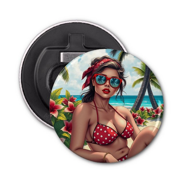 Red Bikini, Sunglasses and Bandanna Woman   Bottle Opener (Front)