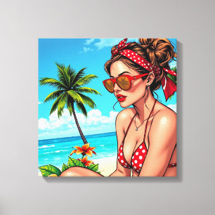 Red Bikini, Sunglasses and Bandanna Woman   Canvas Print