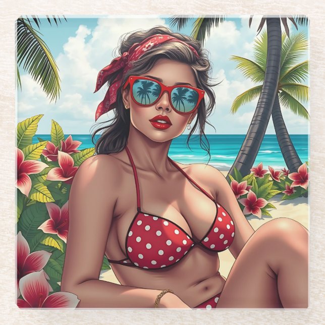 Red Bikini, Sunglasses and Bandanna Woman  Glass Coaster (Front)
