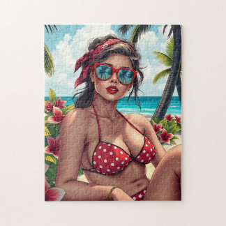 Red Bikini, Sunglasses and Bandanna Woman Jigsaw Puzzle