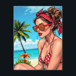Red Bikini, Sunglasses and Bandanna Woman   Postcard<br><div class="desc">Cute beachy pop art summer themed Postcard .  A cute comic book style cartoon illustration of a woman in a red polka dot bikini,  bandanna and sunglasses.</div>