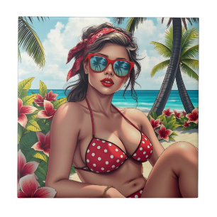 Red Bikini, Sunglasses and Bandanna Woman  Tile