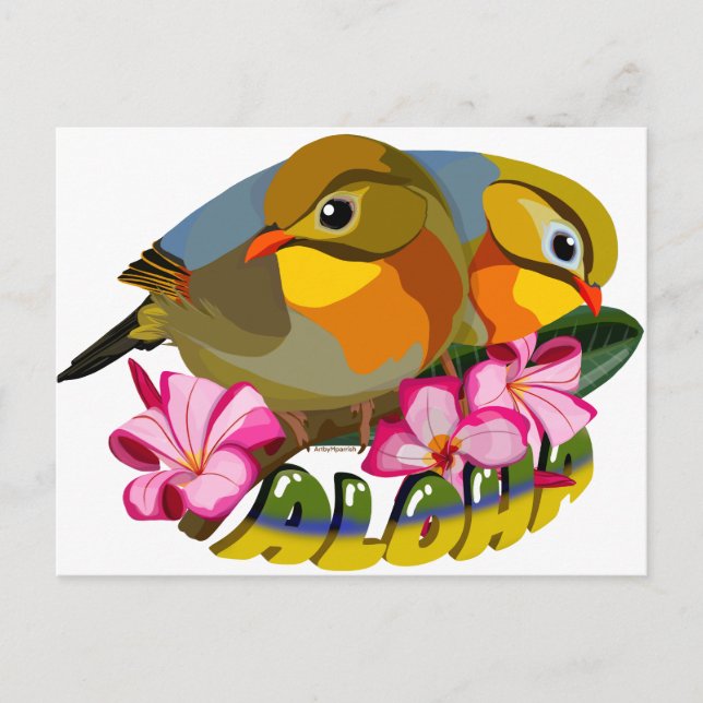 RED-BILLED LEIOTHRIX BIRDS—ALOHA POSTCARD (Front)