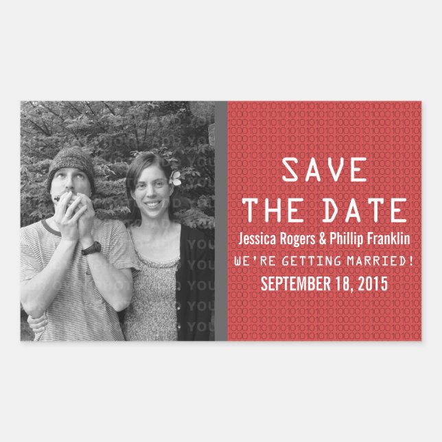 Red Binary Code Photo Save the Date Stickers (Front)