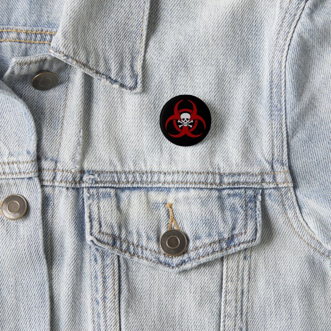 Red Biohazard Skull Button Pin (In Situ)