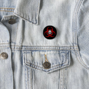 Red Biohazard Skull Button Pin