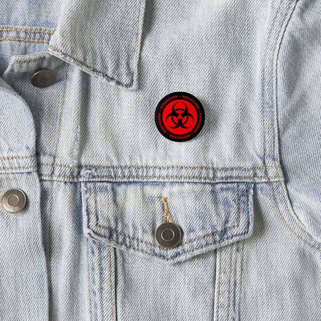 Red Biohazard Symbol Button Pin (In Situ)