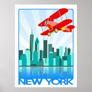 Red Biplane Over New York Retro Design Poster