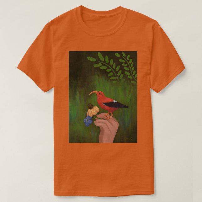 Red Bird and flowers on Nymph Hand Iiwi Hawaiian H T-Shirt (Design Front)