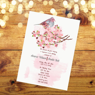 Red Bird and Pink Cherry Blossoms