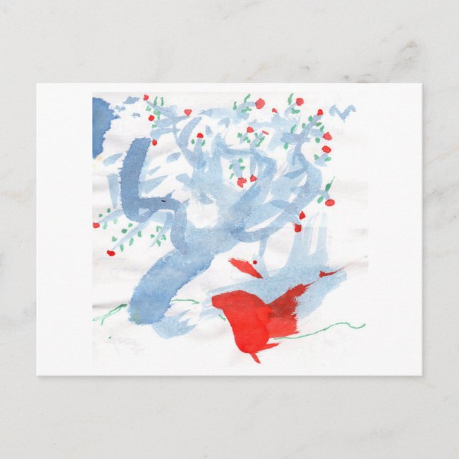 Red bird and red-berried tree postcard (Front)
