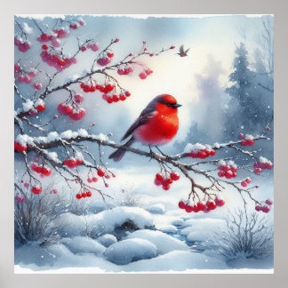 Red Bird and Winter Landscape 2 Poster