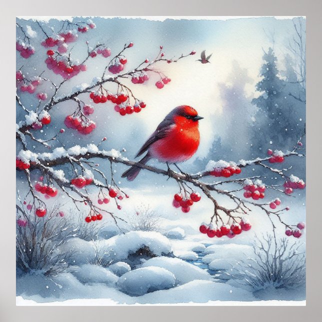 Red Bird and Winter Landscape 2 Poster (Front)
