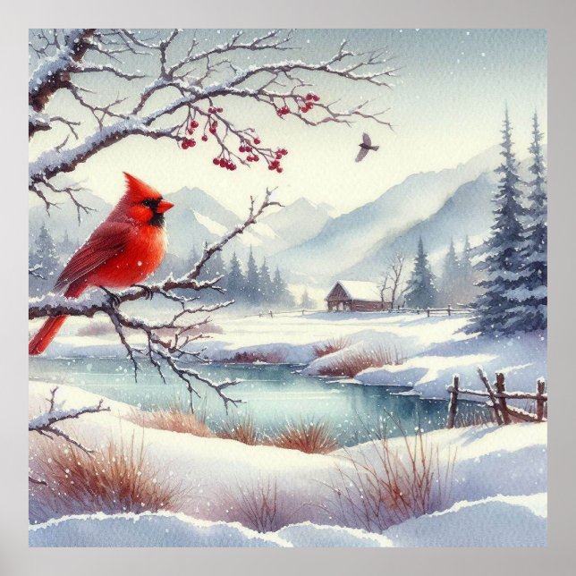 Red Bird and Winter Landscape 3 Poster (Front)