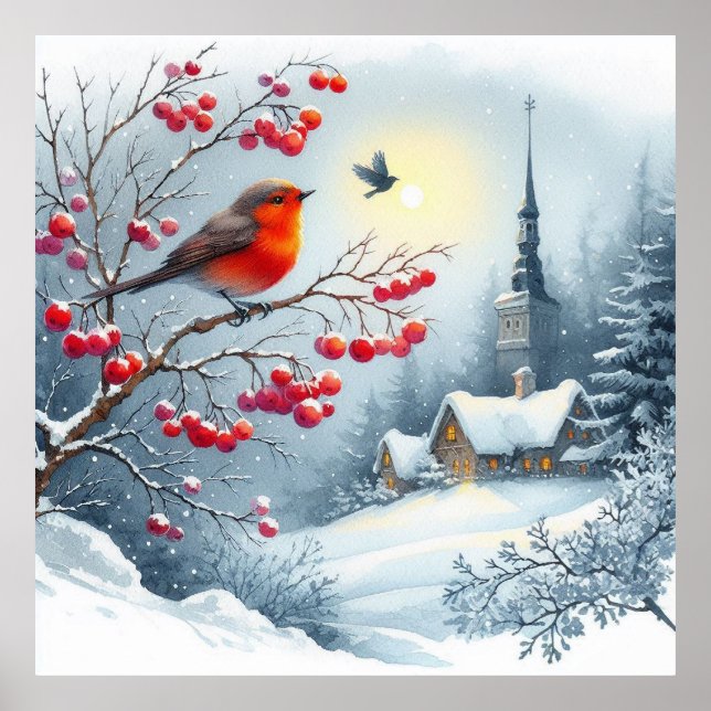 Red Bird and Winter Landscape 4 Poster (Front)