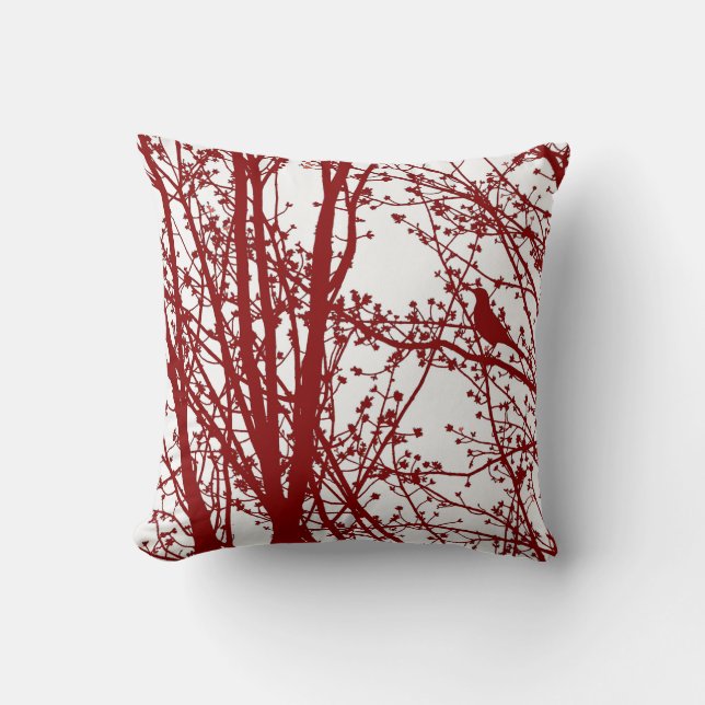 Red Bird & Branches Patterned Throw Pillow (Front)