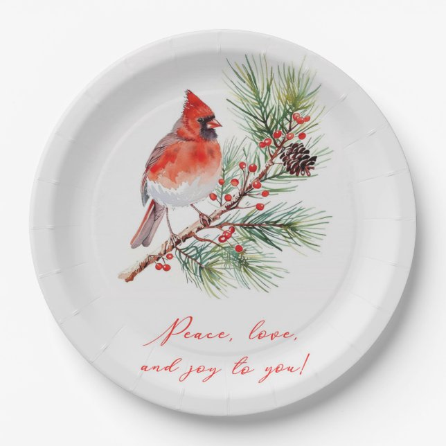 Red Bird Cardinal Christmas Paper Plate (Front)