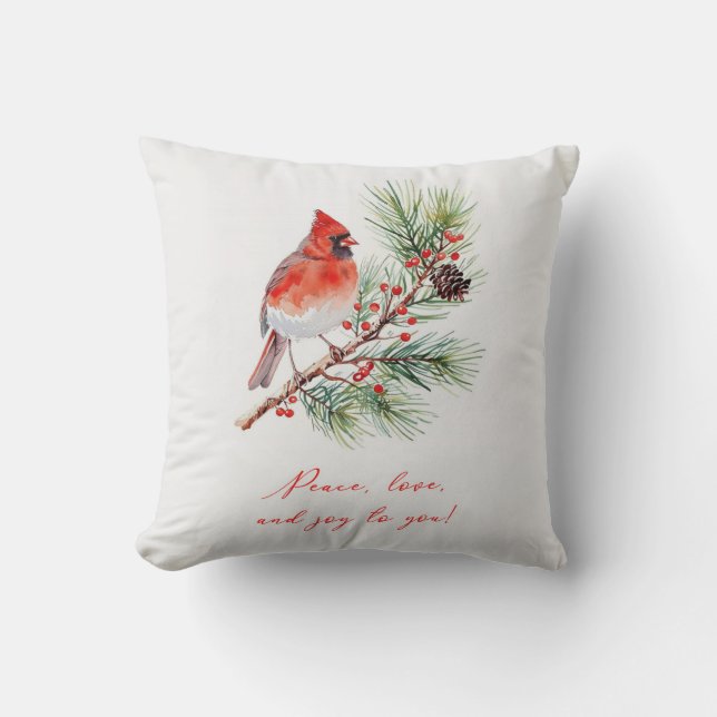 Red Bird Cardinal Christmas Throw Pillow (Front)