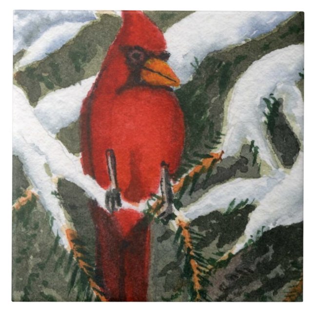 Red Bird Cardinal in the snow covered pines Tile (Front)