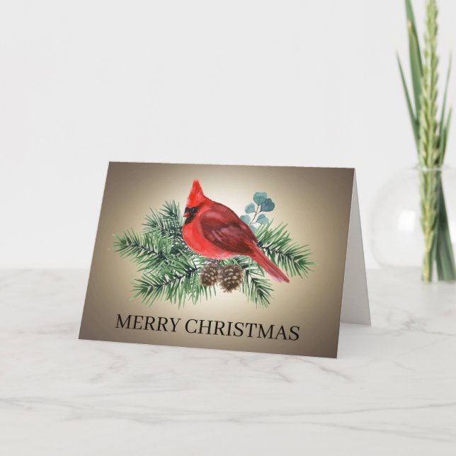Red Bird Cardinal Pine Branches Merry Christmas Holiday Card (Front)