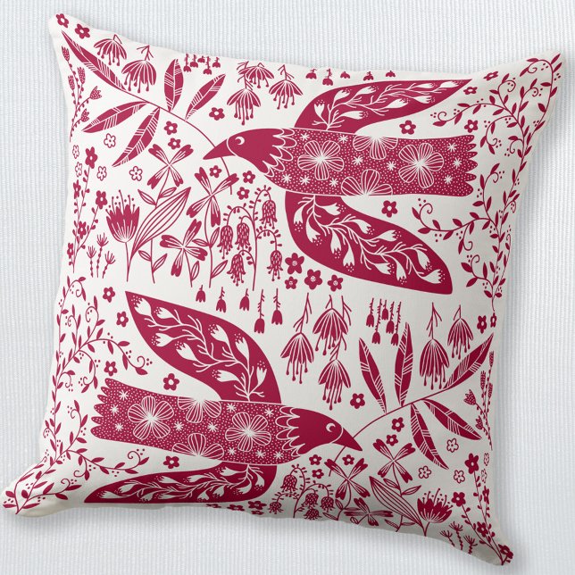 Red Bird Cushion (Red and white peace dove bird folk art style throw pillow)