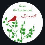 Red Bird Custom Name Christmas Canning Stickers<br><div class="desc">These cute and trendy personalised Christmas canning stickers have a red bird sitting in green branches on a white background. Customise the name for a personal touch on canned and baked goods.</div>