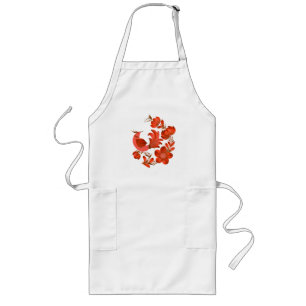 Red Bird & Floral Folk Art Long Apron